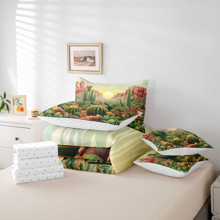 meiyoeat Desert Botanical Cactus 7 Pieces Full Size Bedding Sets For Kids,Rustic Western Cowgirl Farmhouse Full Size Bed in a Bag For Girls,Reversible