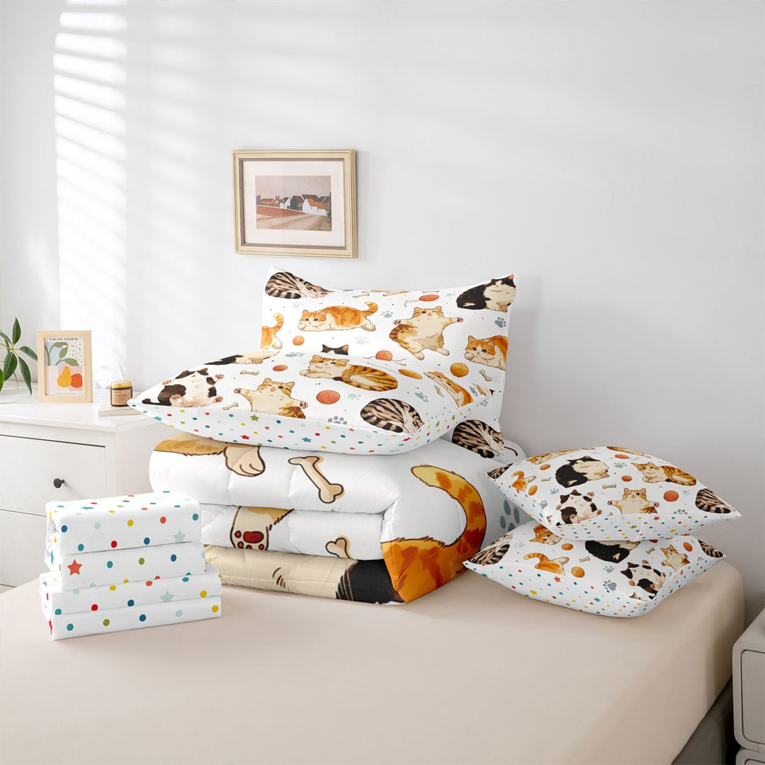 meiyoeat Cute Cartoon Kitten 7 Pieces Full Size Bedding Sets,Cute Animal Cat Full Size Bed in a Bag For Girl,Reversible