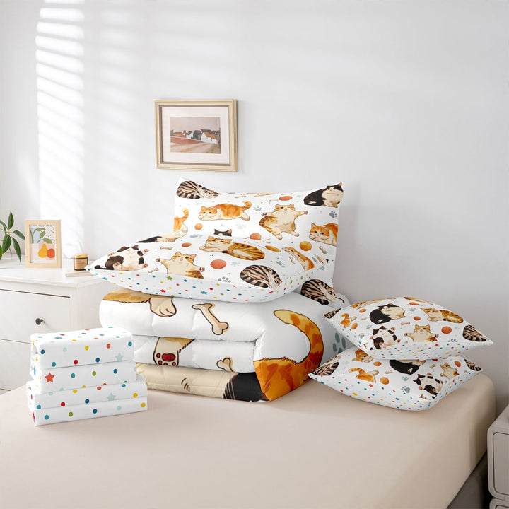 meiyoeat Cute Cartoon Kitten 7 Pieces Full Size Bedding Sets,Cute Animal Cat Full Size Bed in a Bag For Girl,Reversible