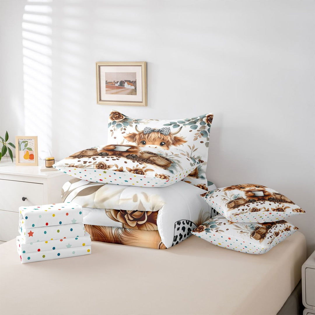 meiyoeat Coffee Highland Cow 7 Pieces Full Size Bedding Sets,Cute Farm Animal Full Size Bed in a Bag For Girl,Reversible