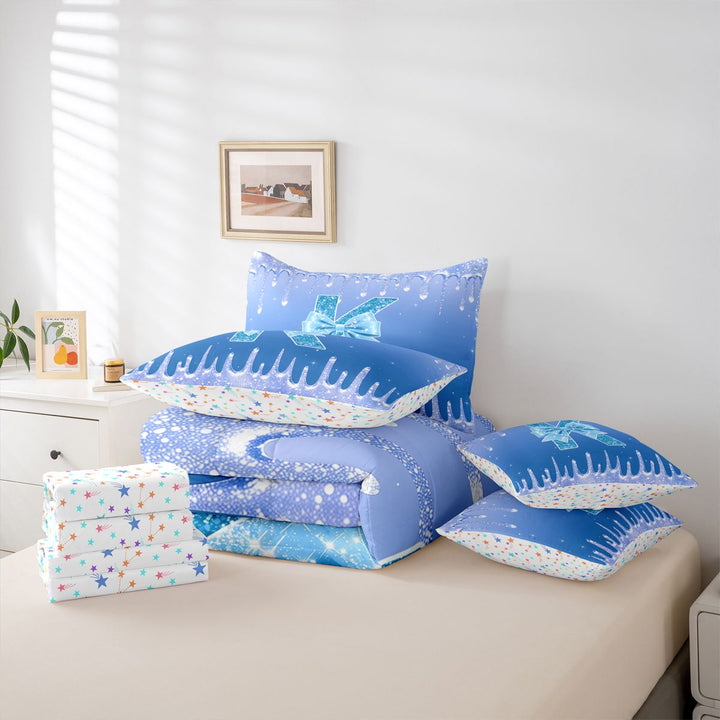 meiyoeat Blue Princess Bow 7 Pieces Full Size Bedding Sets,Blue Glitter Print Monogrammed K Letter Full Size Bed in a Bag For Girl,Colorful Stars Reversible