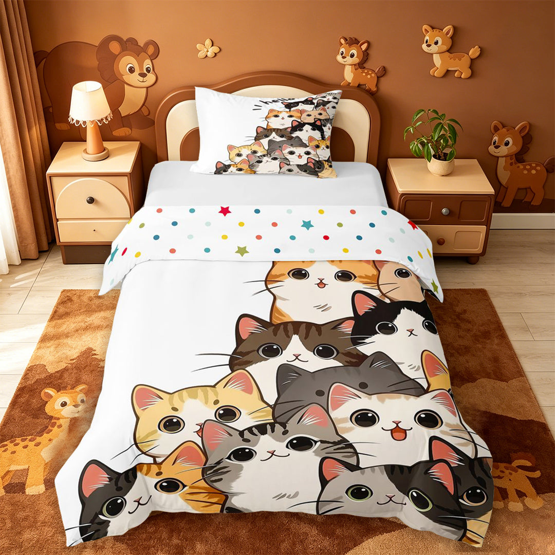 meiyoeat Hello Cat Bedding,Cute Print Duvet Cover Full For Girl,Reversible,3pcs,1 Duvet Cover and 2 Pillowcases