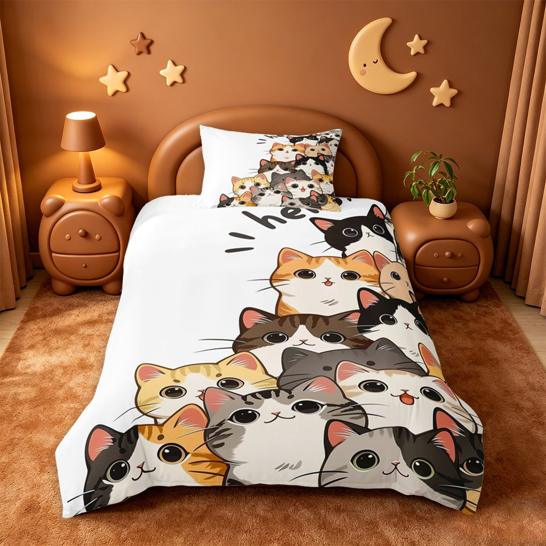 meiyoeat Hello Cat Bedding,Cute Print Duvet Cover Full For Girl,Reversible,3pcs,1 Duvet Cover and 2 Pillowcases