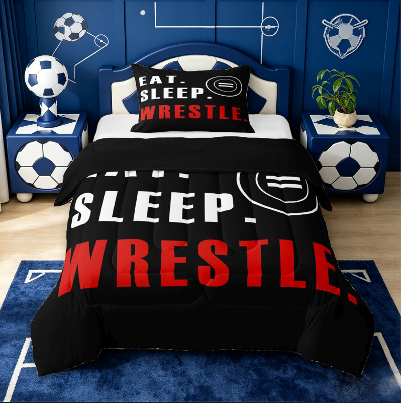 meiyoeat Wrestle Sport Full Size Comforter Sets For Boys,Modern Minimalist Style Bedding Comforter Set For Kids,Black Reversible,3 Pieces