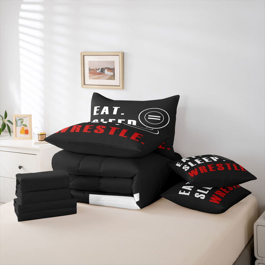 meiyoeat Wrestle Sport 7 Pieces Full Size Bedding Sets For Boys,Modern Minimalist Style Full Size Bed in a Bag For Kids,Black Reversible
