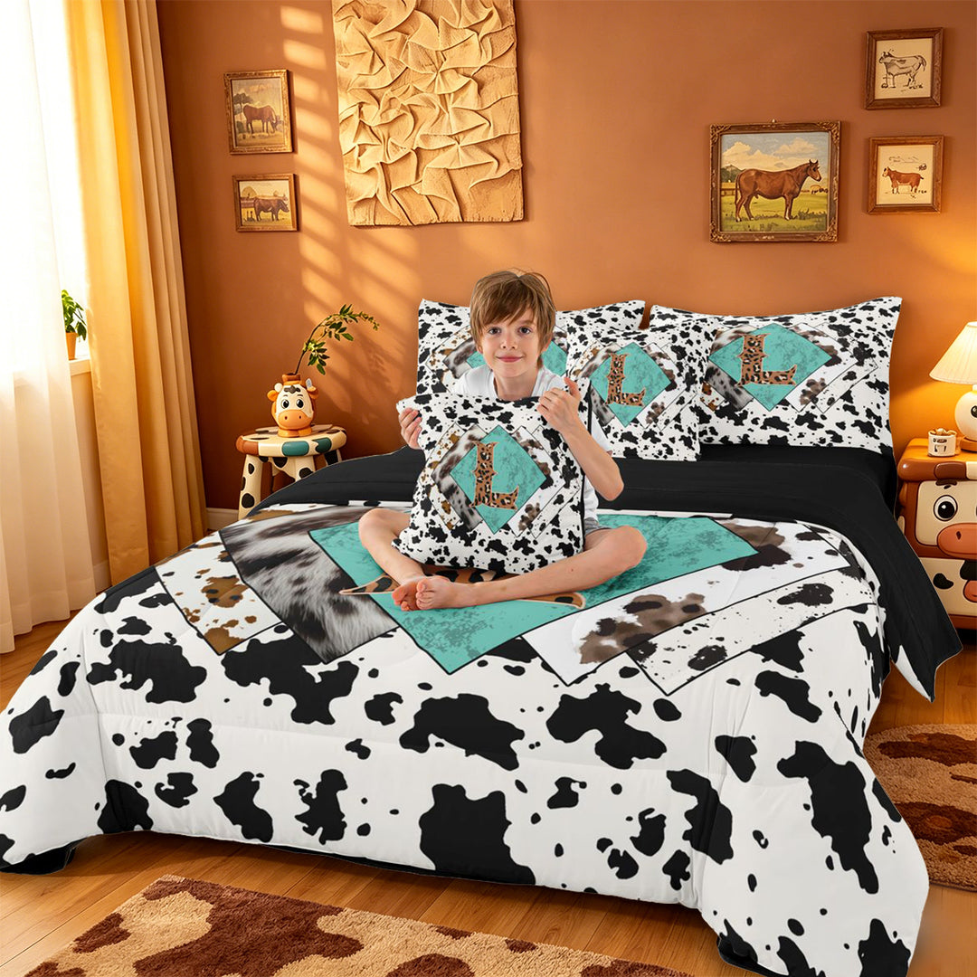 meiyoeat Western Cowboy Theme 7 Pieces Full Size Bedding Sets For Boys,Personalized Cheetah Print Initial L Full Size Bed in a Bag,Black Reversible