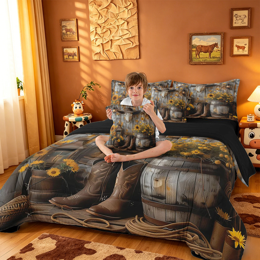 meiyoeat Rustic Cowboy Style 7 Pieces Full Size Bedding Sets For Boys,Cute Floral Sunflower Full Size Bed in a Bag,Reversible