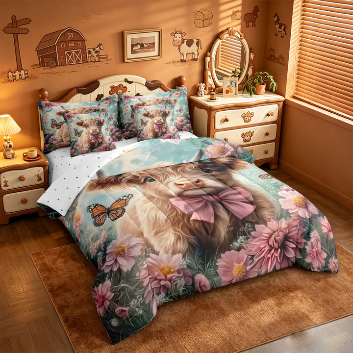 meiyoeat highland Cattle Pink Flower 7 Pieces Full Size Bedding Sets,Colorful Butterfly Farm Animal Print Full Size Bed in a Bag,Reversible