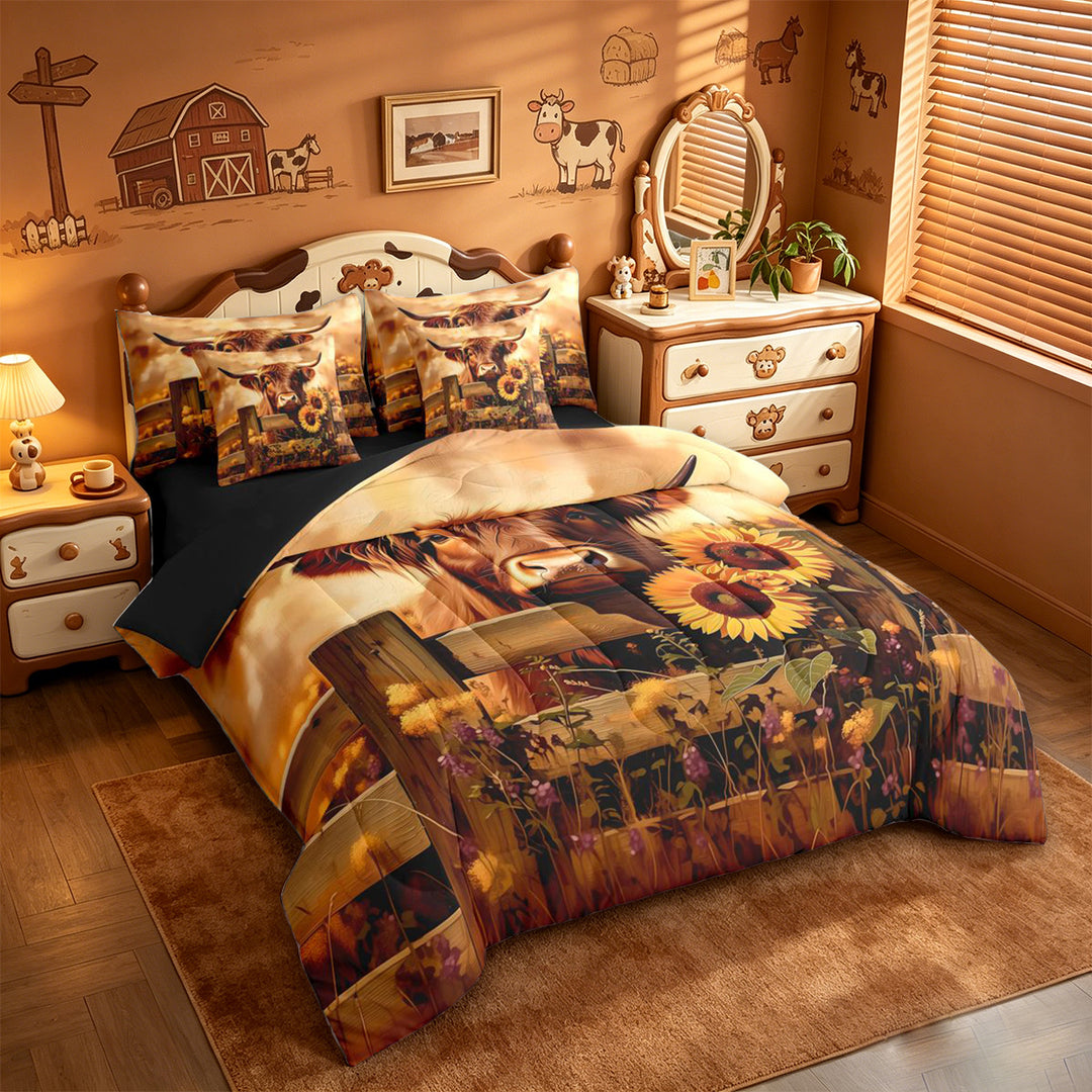 meiyoeat rustic Farm Animal 7 Pieces Full Size Bedding Sets,Country Farm Highland Cow Sunflower Full Size Bed in a Bag,Reversible