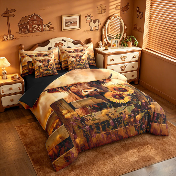 meiyoeat rustic Farm Animal 7 Pieces Full Size Bedding Sets,Country Farm Highland Cow Sunflower Full Size Bed in a Bag,Reversible