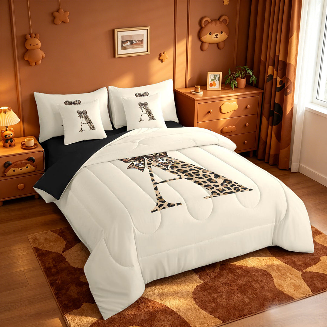 meiyoeat cheetah Bow Initial 7 Pieces Full Size Bedding Sets,Leopard Print Monogram A Full Size Bed in a Bag,Black Reversible