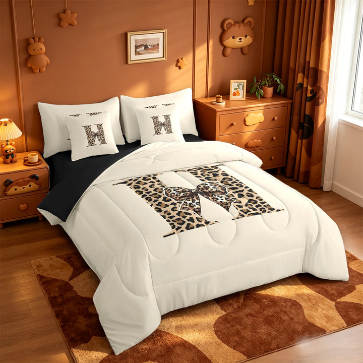 meiyoeat leopard Bowknot Initial Art 7 Pieces Full Size Bedding Sets,Cheetah Print Alphabet Full Size Bed in a Bag,Black Reversible