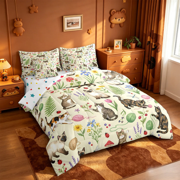 meiyoeat spring Garden Kitten 7 Pieces Full Size Bedding Sets,Floral Cat Print Full Size Bed in a Bag,Reversible
