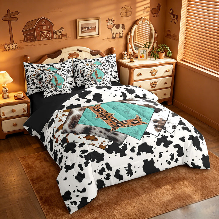 meiyoeat Western Cowboy Theme 7 Pieces Full Size Bedding Sets For Boys,Personalized Cheetah Print Initial L Full Size Bed in a Bag,Black Reversible