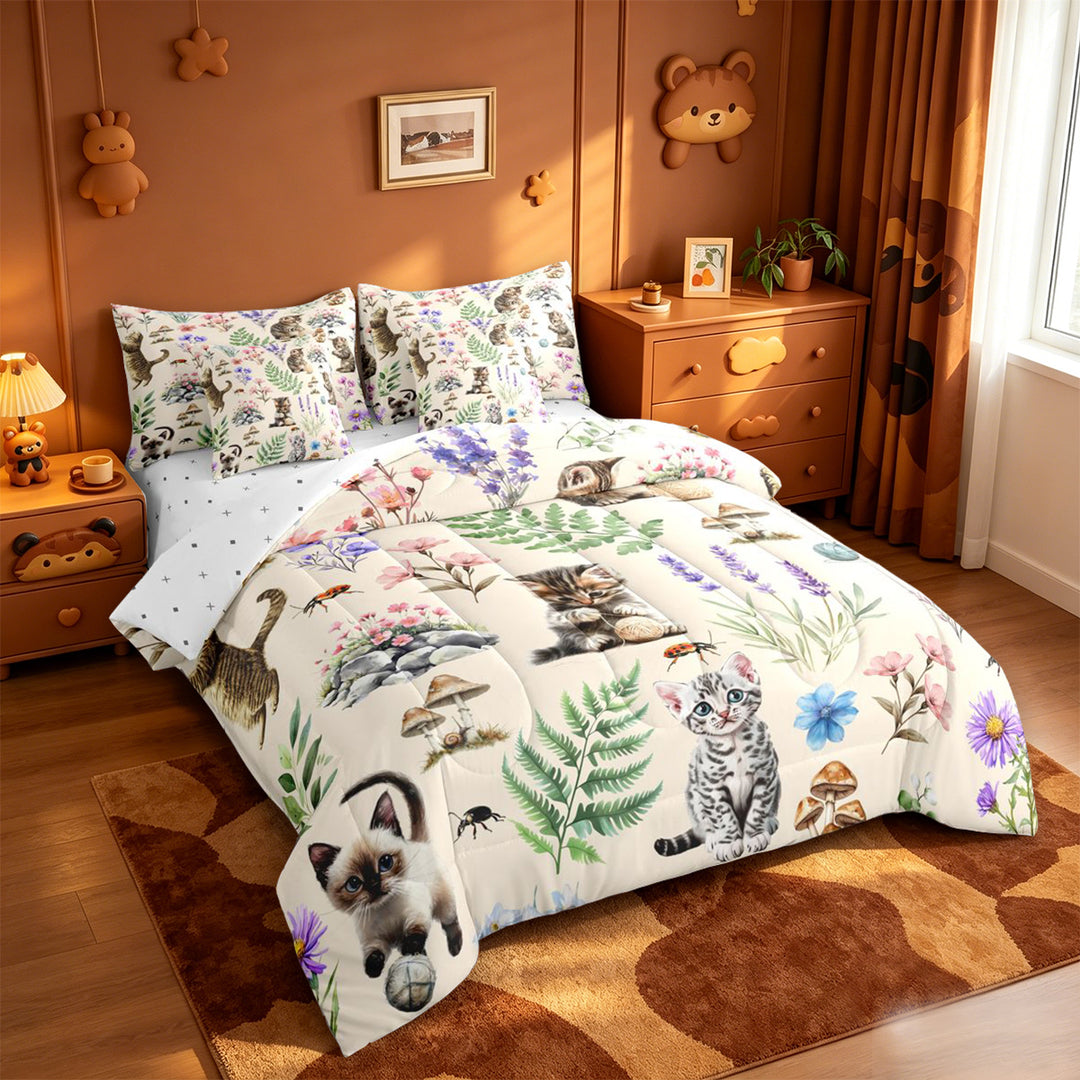 meiyoeat Kawaii Kitten 7 Pieces Full Size Bedding Sets,Watercolor Floral Rustic Mushroom Full Size Bed in a Bag For Girl,Reversible