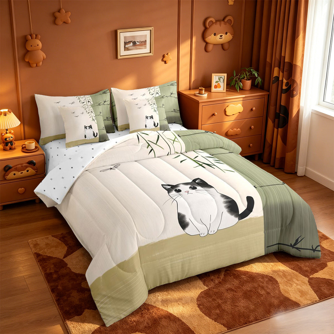meiyoeat Kawaii Cat 7 Pieces Full Size Bedding Sets,Minimal Kitten Print Full Size Bed in a Bag For Girl,Reversible