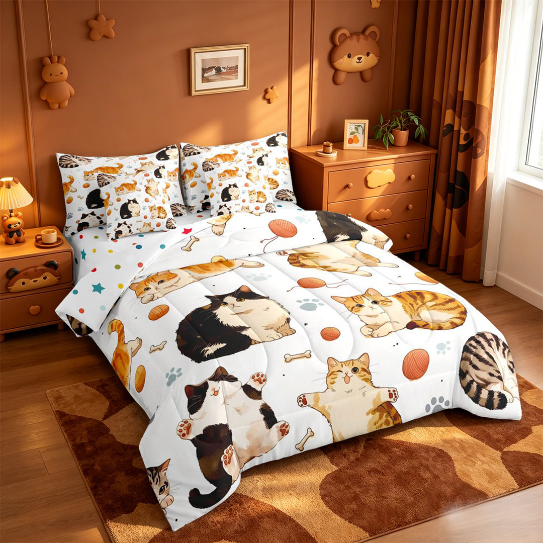 meiyoeat Cute Cartoon Kitten 7 Pieces Full Size Bedding Sets,Cute Animal Cat Full Size Bed in a Bag For Girl,Reversible