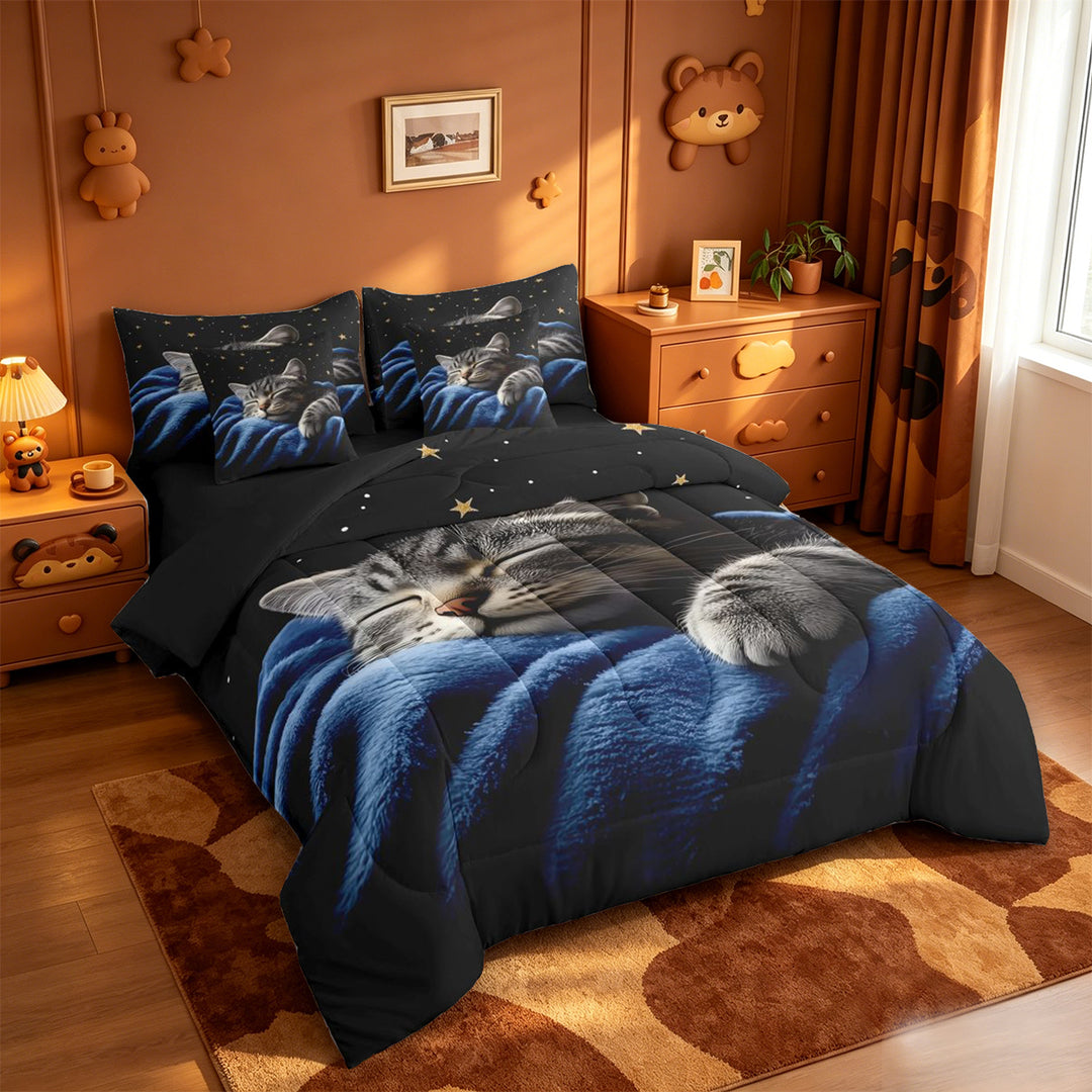 meiyoeat Starry Night Cat 7 Pieces Full Size Bedding Sets,Pet Animal Print Full Size Bed in a Bag For Girl,Reversible