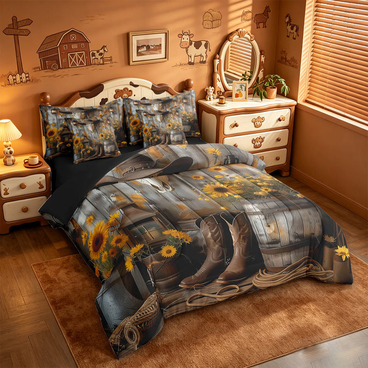 meiyoeat Rustic Cowboy Style 7 Pieces Full Size Bedding Sets For Boys,Cute Floral Sunflower Full Size Bed in a Bag,Reversible