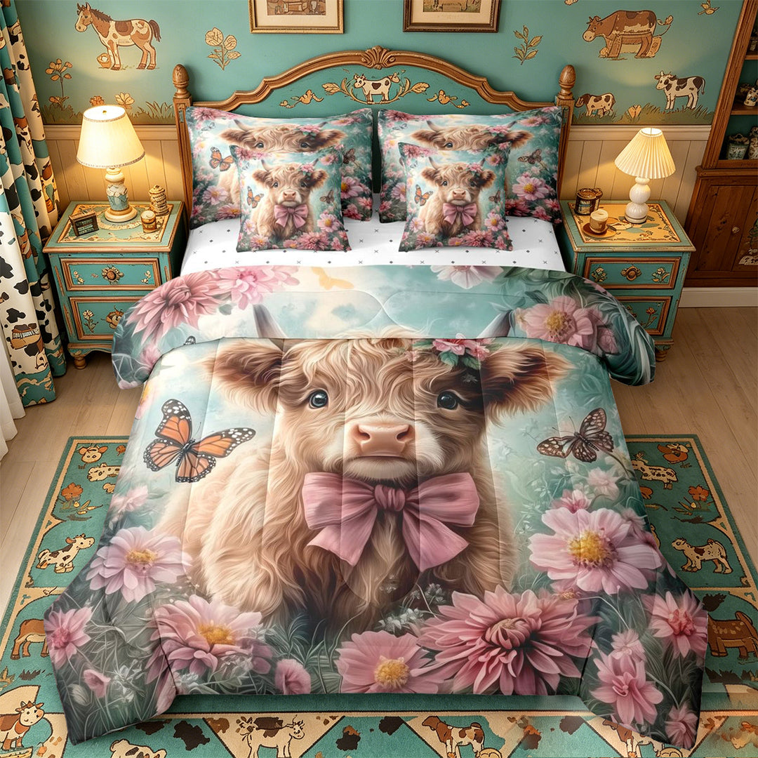 meiyoeat highland Cattle Pink Flower 7 Pieces Full Size Bedding Sets,Colorful Butterfly Farm Animal Print Full Size Bed in a Bag,Reversible