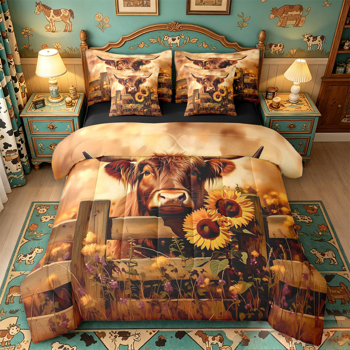 meiyoeat rustic Farm Animal 7 Pieces Full Size Bedding Sets,Country Farm Highland Cow Sunflower Full Size Bed in a Bag,Reversible