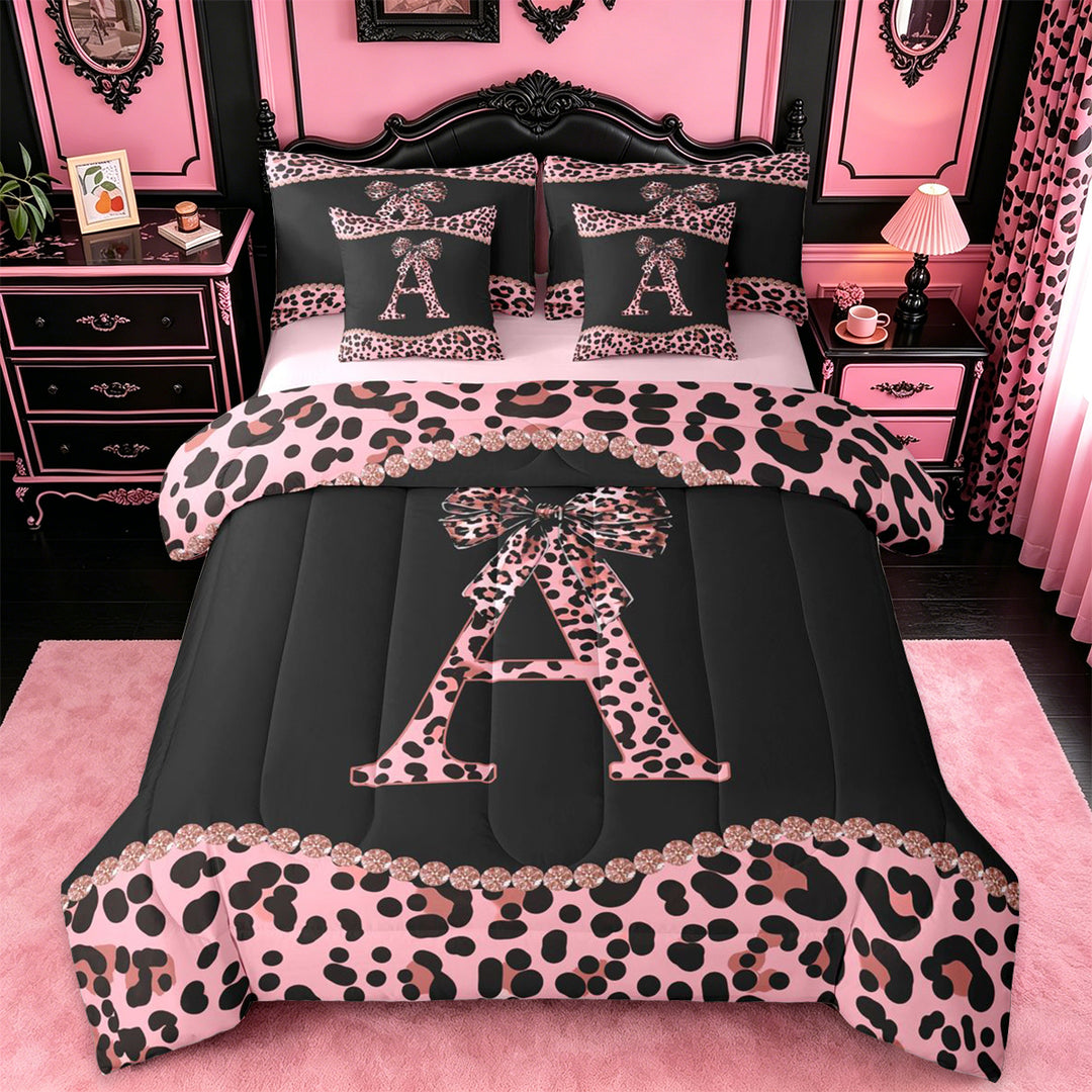 meiyoeat Pink Leopard Print 7 Pieces Bedding Comforter Set For Girls,Chic Cheetah Bow Monogram A Full Bedding Set For Kids,pink Reversible