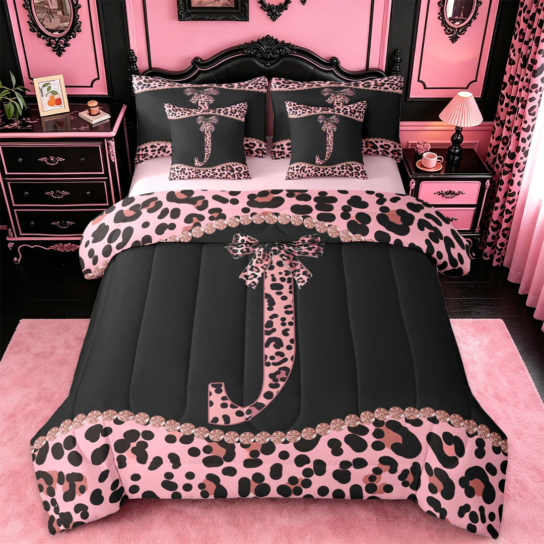 meiyoeat Girly Leopard Bowknot 7 Pieces Bedding Comforter Set For Bow Lover,Pink Cheetah Print Monogrammed J Theme Full Bedding Set For Kids,pink Reversible