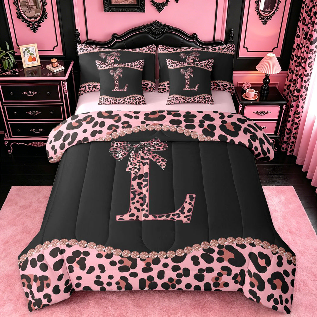 meiyoeat Pink Monogram L 7 Pieces Bedding Comforter Set For Girls,Fashion Leopard Pattern Full Bedding Set For Kids,pink Reversible