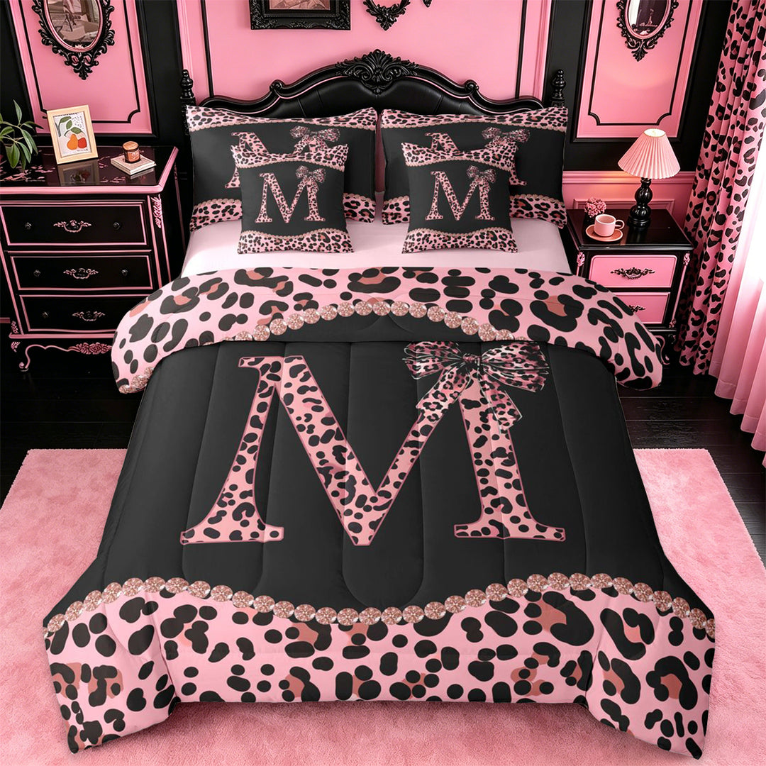 meiyoeat Pink Coquette Bowknot 7 Pieces Bedding Comforter Set For Leopard Bow Lover,Kids Personalized Initial M Full Bedding Set,pink Reversible