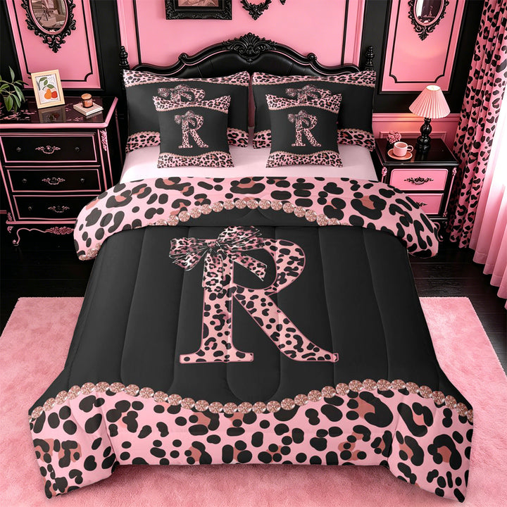meiyoeat Dreamy Princess Bowknot 7 Pieces Bedding Comforter Set For Girls,Cheetah Pattern Monogrammed R Print Full Bedding Set For Kids,pink Reversible