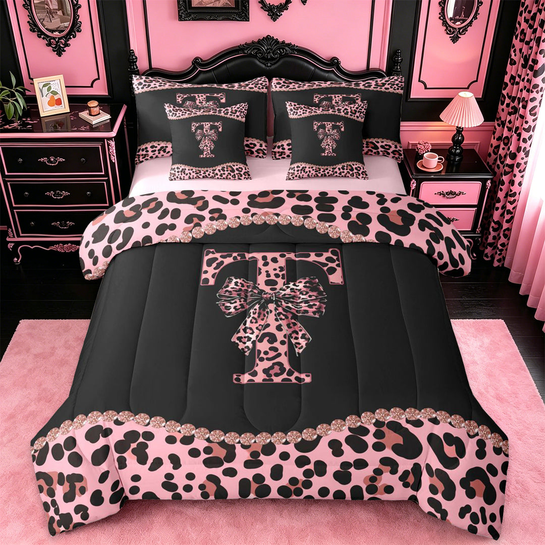 meiyoeat Leopard Bow Monogram T Print 7 Pieces Bedding Comforter Set For Cheetah Bow Lover,Pink Cute Bowknot Full Bedding Set For Kids Girls,pink Reversible