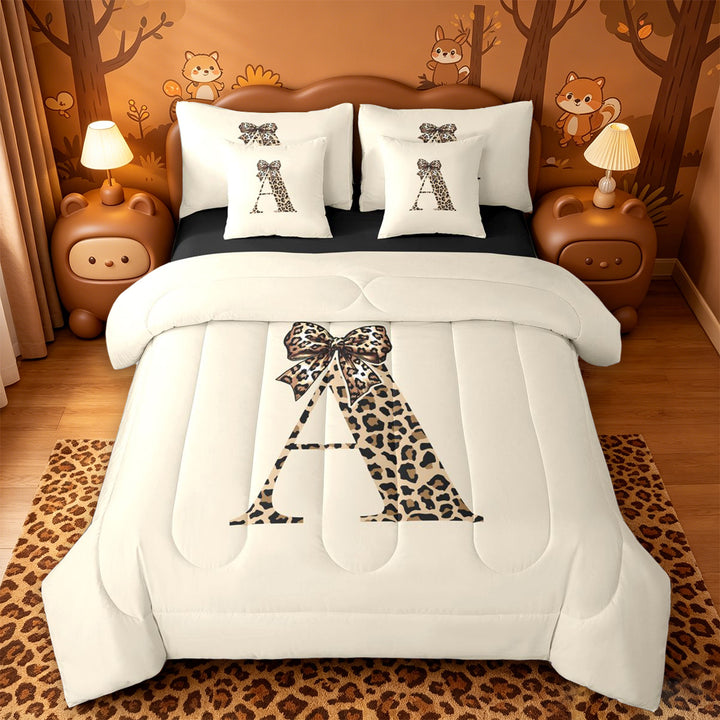meiyoeat cheetah Bow Initial 7 Pieces Full Size Bedding Sets,Leopard Print Monogram A Full Size Bed in a Bag,Black Reversible