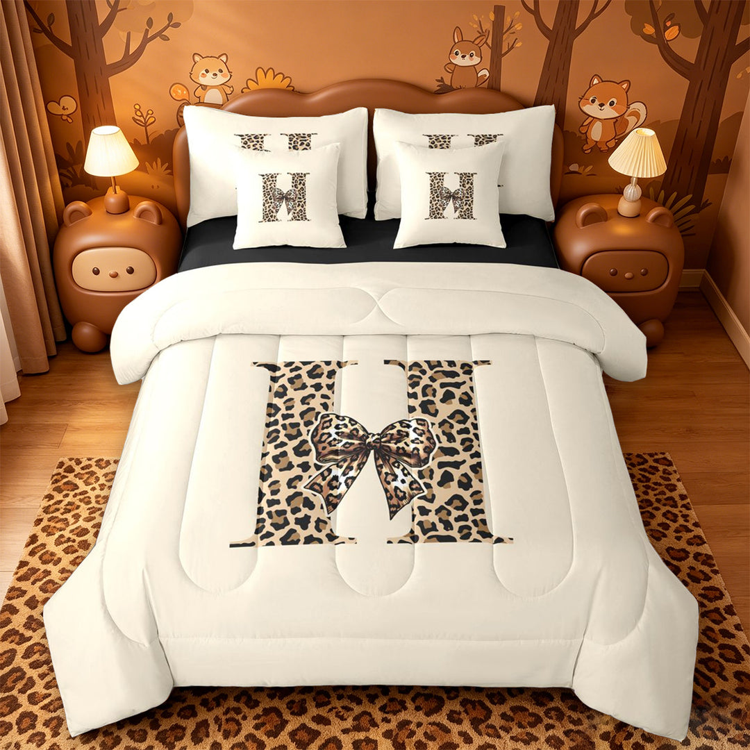 meiyoeat leopard Bowknot Initial Art 7 Pieces Full Size Bedding Sets,Cheetah Print Alphabet Full Size Bed in a Bag,Black Reversible