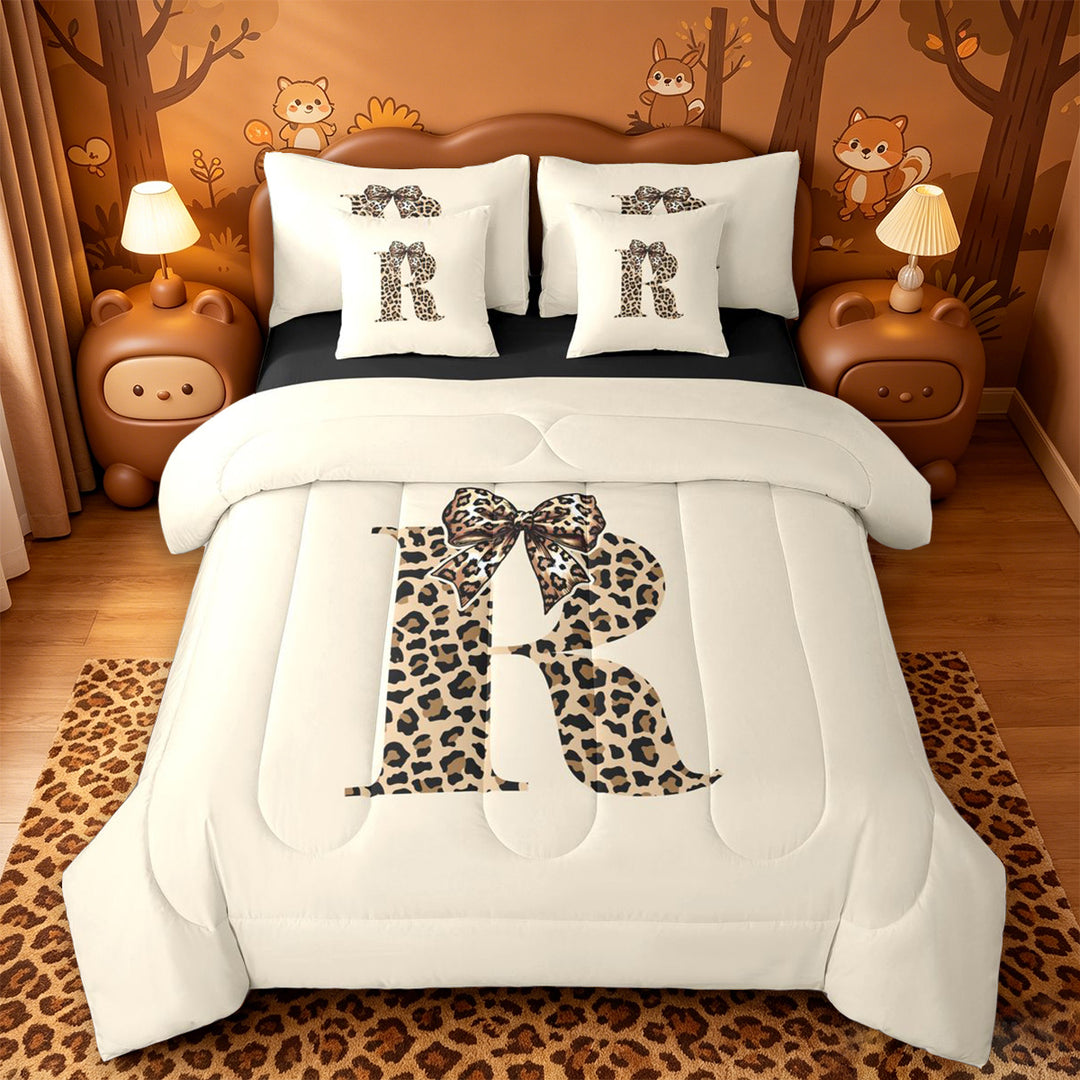 meiyoeat leopard Bowknot Letter 7 Pieces Full Size Bedding Sets,Cheetah Monogram Print R Full Size Bed in a Bag,Black Reversible