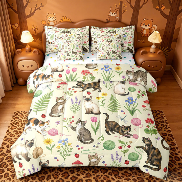 meiyoeat spring Garden Kitten 7 Pieces Full Size Bedding Sets,Floral Cat Print Full Size Bed in a Bag,Reversible