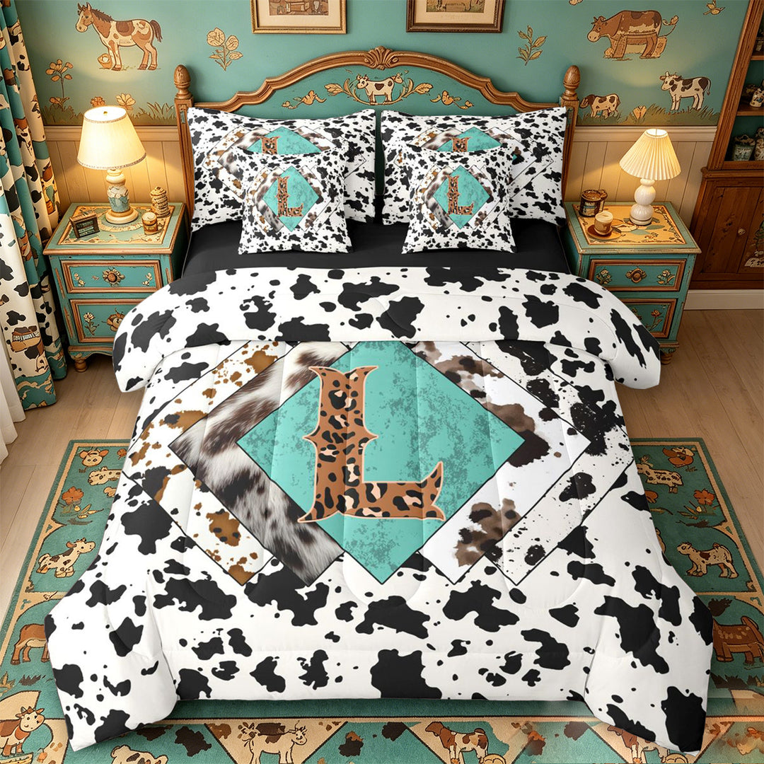 meiyoeat Western Cowboy Theme 7 Pieces Full Size Bedding Sets For Boys,Personalized Cheetah Print Initial L Full Size Bed in a Bag,Black Reversible