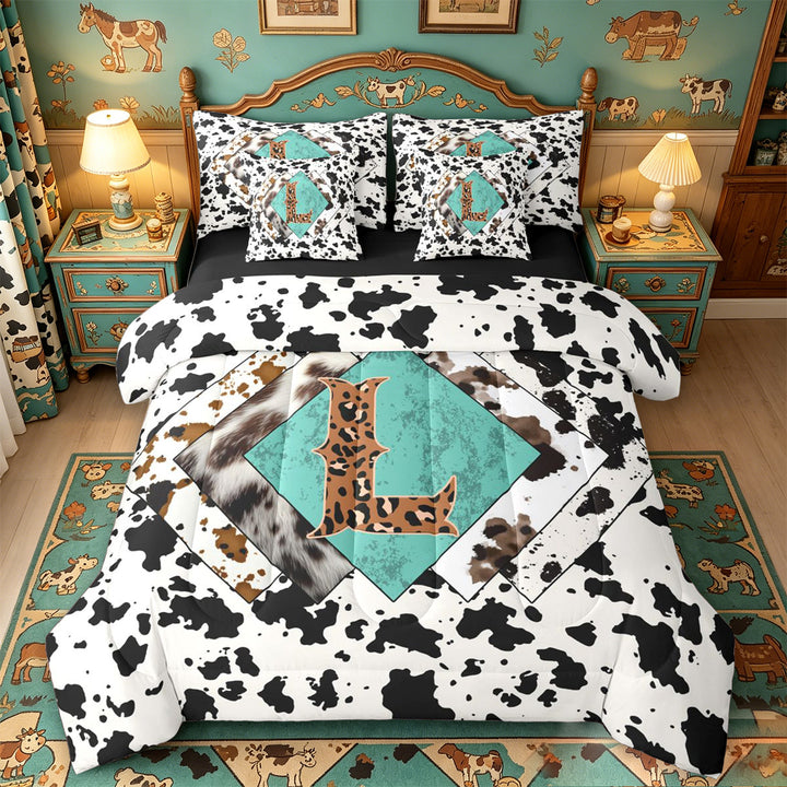 meiyoeat Western Cowboy Theme 7 Pieces Full Size Bedding Sets For Boys,Personalized Cheetah Print Initial L Full Size Bed in a Bag,Black Reversible