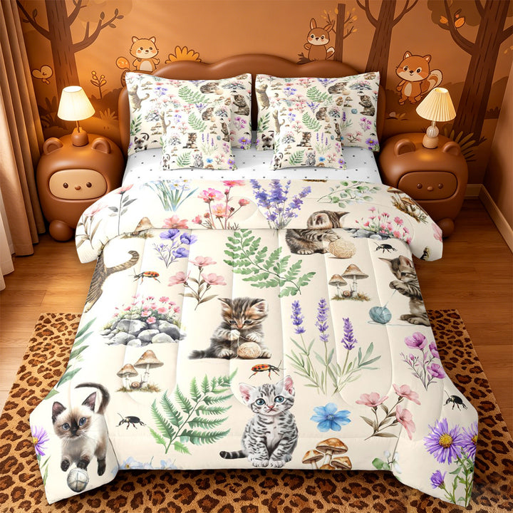 meiyoeat Kawaii Kitten 7 Pieces Full Size Bedding Sets,Watercolor Floral Rustic Mushroom Full Size Bed in a Bag For Girl,Reversible