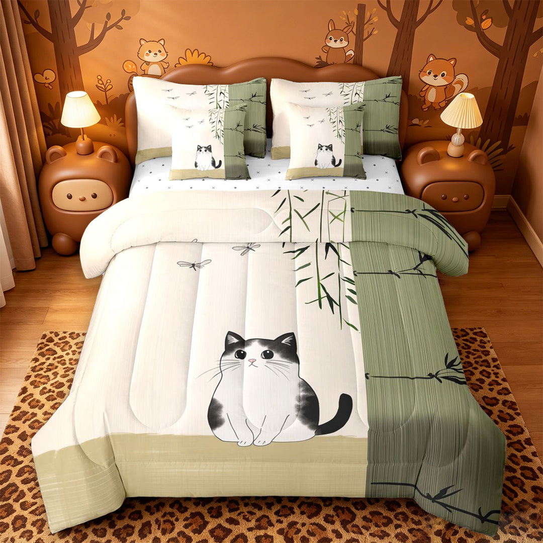 meiyoeat Kawaii Cat 7 Pieces Full Size Bedding Sets,Minimal Kitten Print Full Size Bed in a Bag For Girl,Reversible