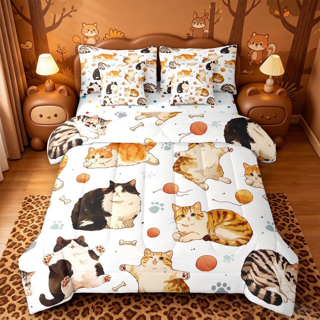 meiyoeat Cute Cartoon Kitten 7 Pieces Full Size Bedding Sets,Cute Animal Cat Full Size Bed in a Bag For Girl,Reversible