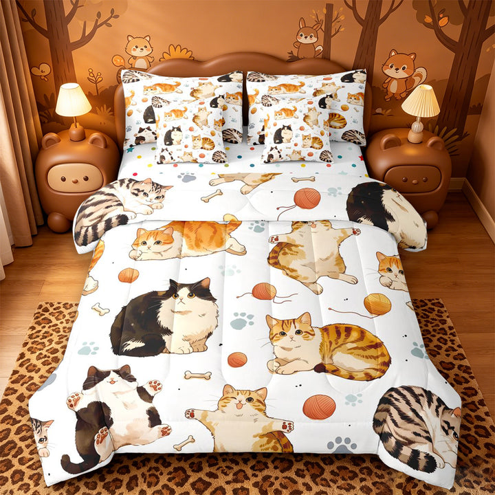 meiyoeat Cute Cartoon Kitten 7 Pieces Full Size Bedding Sets,Cute Animal Cat Full Size Bed in a Bag For Girl,Reversible