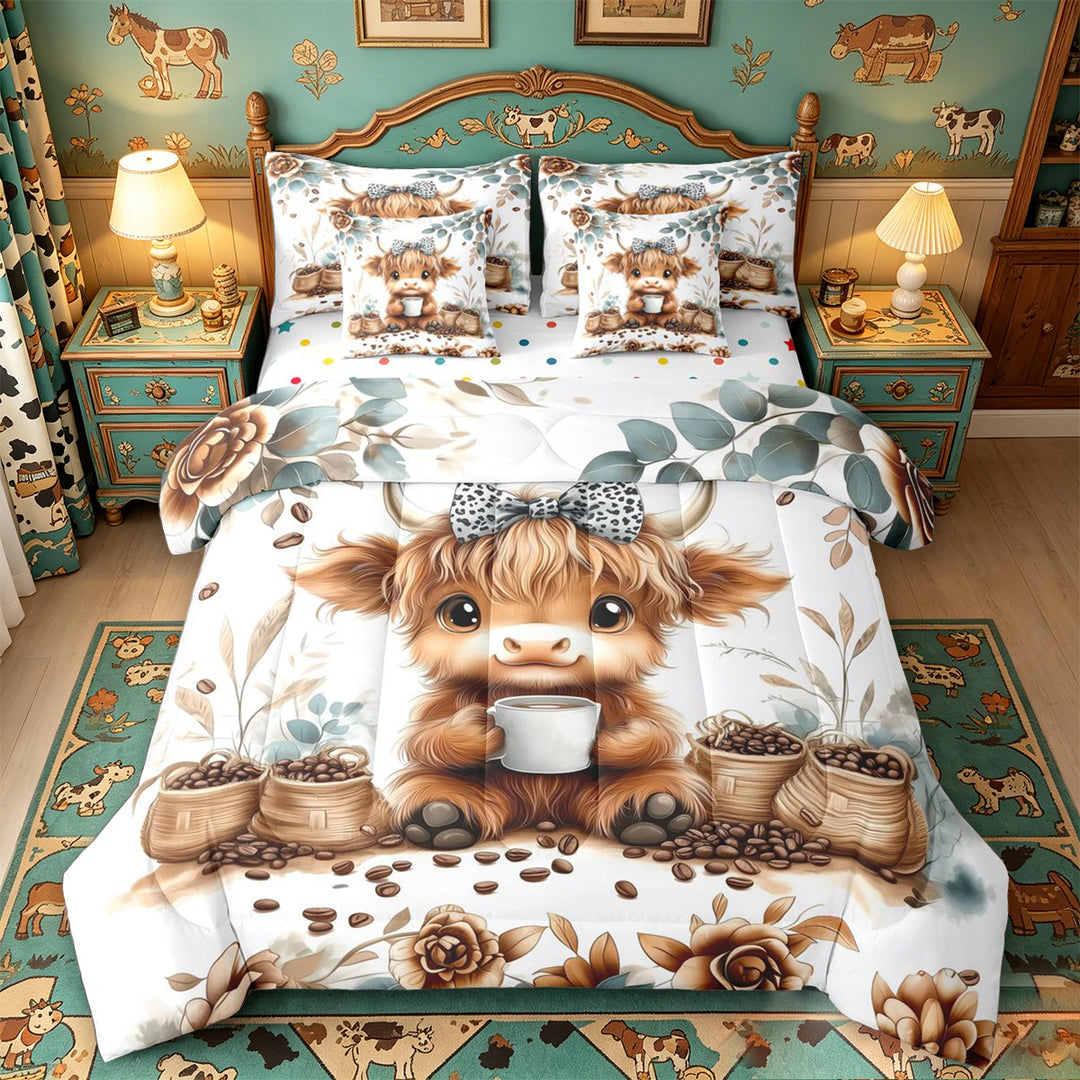 meiyoeat Coffee Highland Cow 7 Pieces Full Size Bedding Sets,Cute Farm Animal Full Size Bed in a Bag For Girl,Reversible