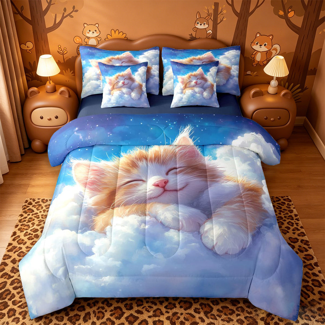 meiyoeat Dreamy Cloud Kitten 7 Pieces Full Size Bedding Sets,Orange Cat Print Full Size Bed in a Bag For Girl,Reversible