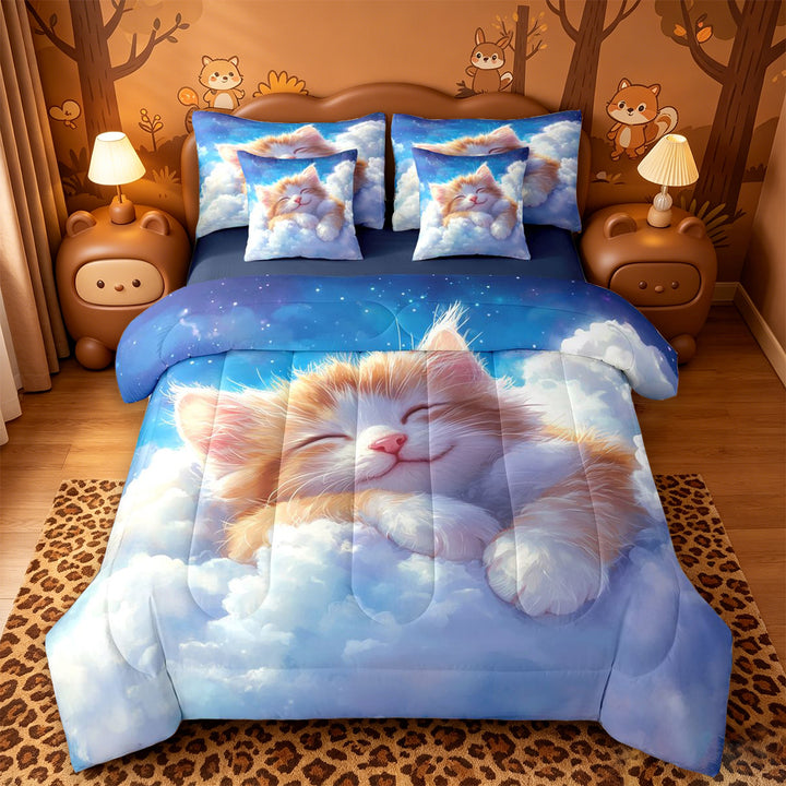 meiyoeat Dreamy Cloud Kitten 7 Pieces Full Size Bedding Sets,Orange Cat Print Full Size Bed in a Bag For Girl,Reversible