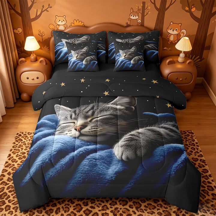 meiyoeat Starry Night Cat 7 Pieces Full Size Bedding Sets,Pet Animal Print Full Size Bed in a Bag For Girl,Reversible