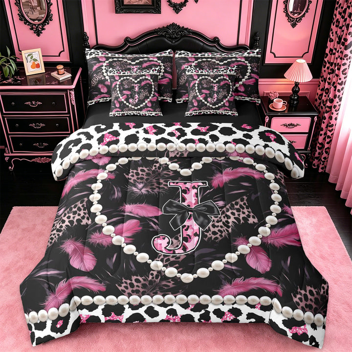 meiyoeat Pink Print Feather 7 Pieces Bedding Comforter Set For Women,Dreamy Princess Style Alphabet J Full Bedding Set For Adults,black Reversible