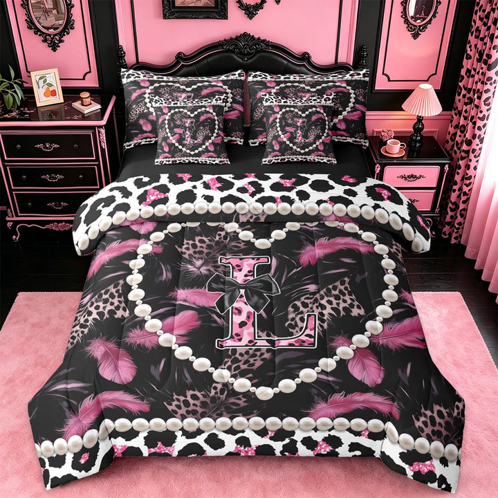 meiyoeat Cute Bow Monogrammed 7 Pieces Bedding Comforter Set For Girls,Leopard Personalized Initial L 7 Pieces Bedding Comforter Set For Women,black Reversible