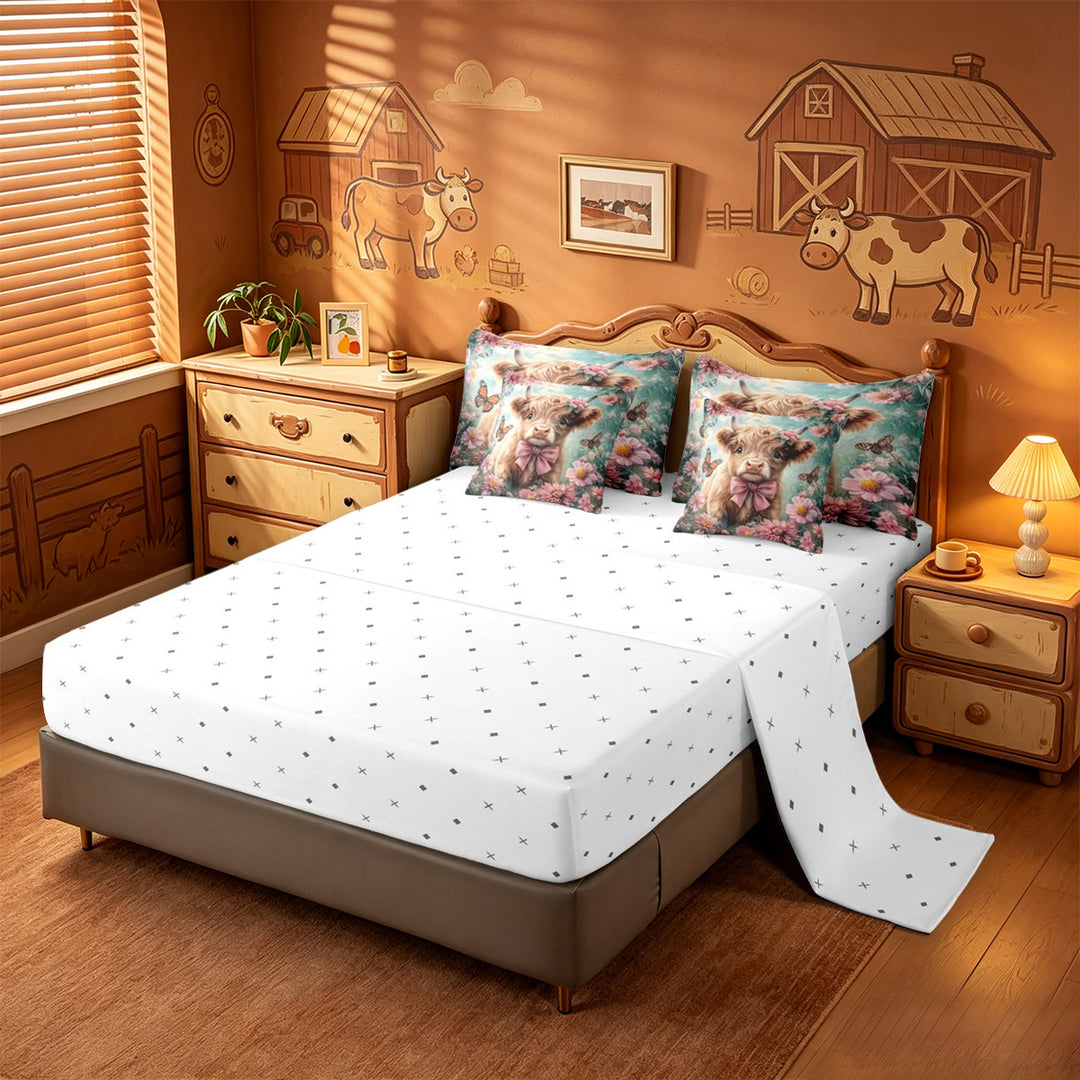 meiyoeat highland Cattle Pink Flower 7 Pieces Full Size Bedding Sets,Colorful Butterfly Farm Animal Print Full Size Bed in a Bag,Reversible