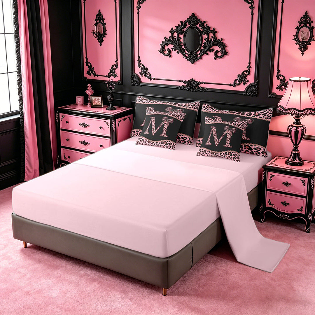 meiyoeat Pink Coquette Bowknot 7 Pieces Bedding Comforter Set For Leopard Bow Lover,Kids Personalized Initial M Full Bedding Set,pink Reversible