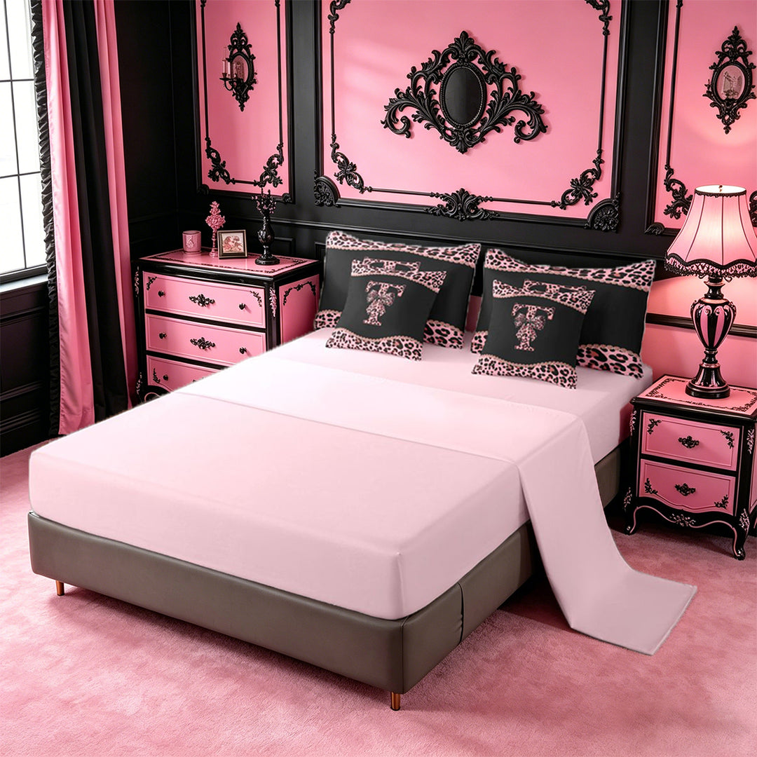 meiyoeat Leopard Bow Monogram T Print 7 Pieces Bedding Comforter Set For Cheetah Bow Lover,Pink Cute Bowknot Full Bedding Set For Kids Girls,pink Reversible
